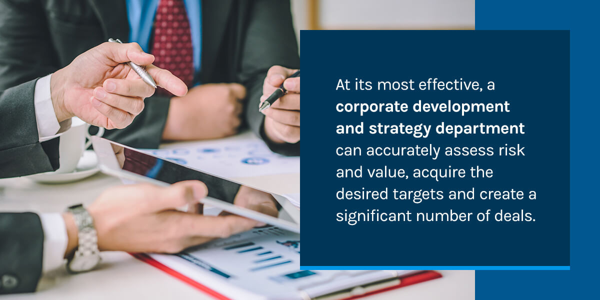 At its most effective, a corporate development and strategy department can accurately assess risk and value, acquire the desired targets and create a significant number of deals.