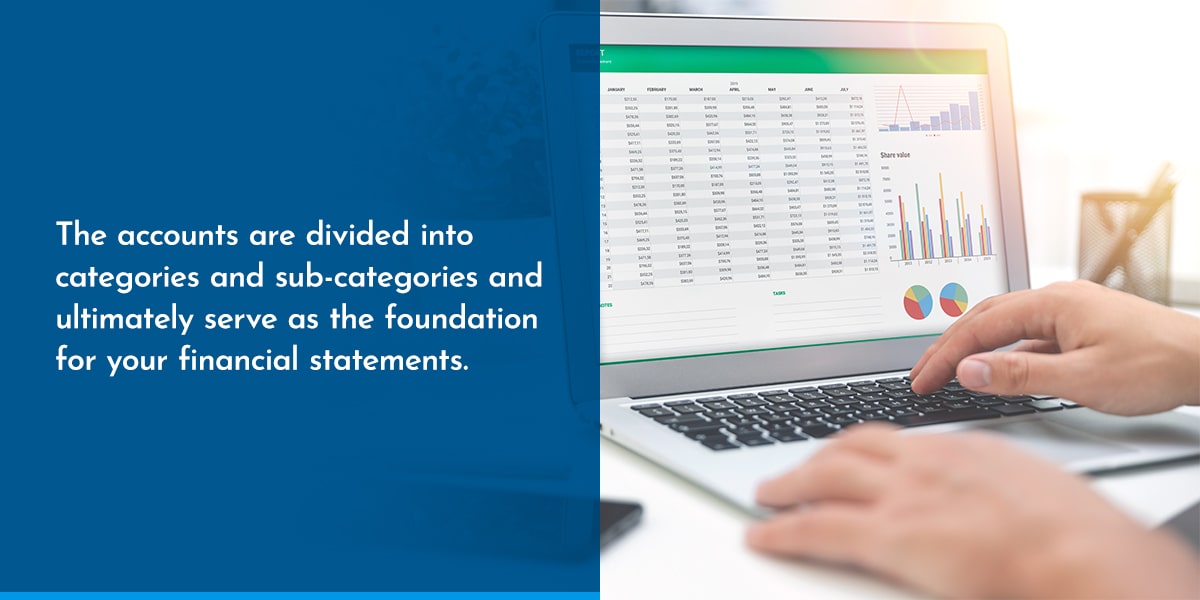 The accounts are divided into categories and sub-categories and ultimately serve as the foundation for your financial statements.